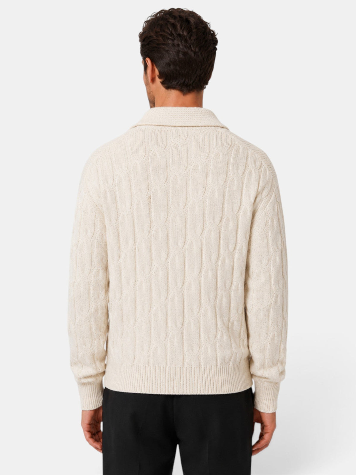 Men's cable knit quarter-zip sweater with spread collar and long sleeves