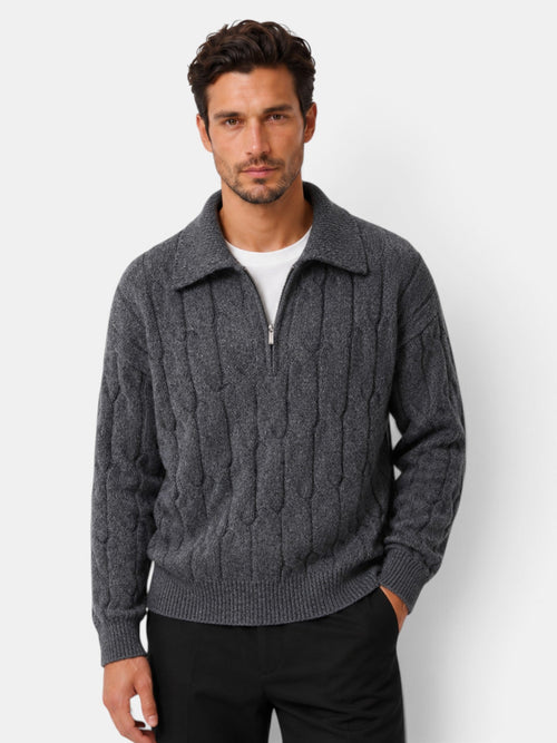 Men's cable knit quarter-zip sweater with spread collar and long sleeves