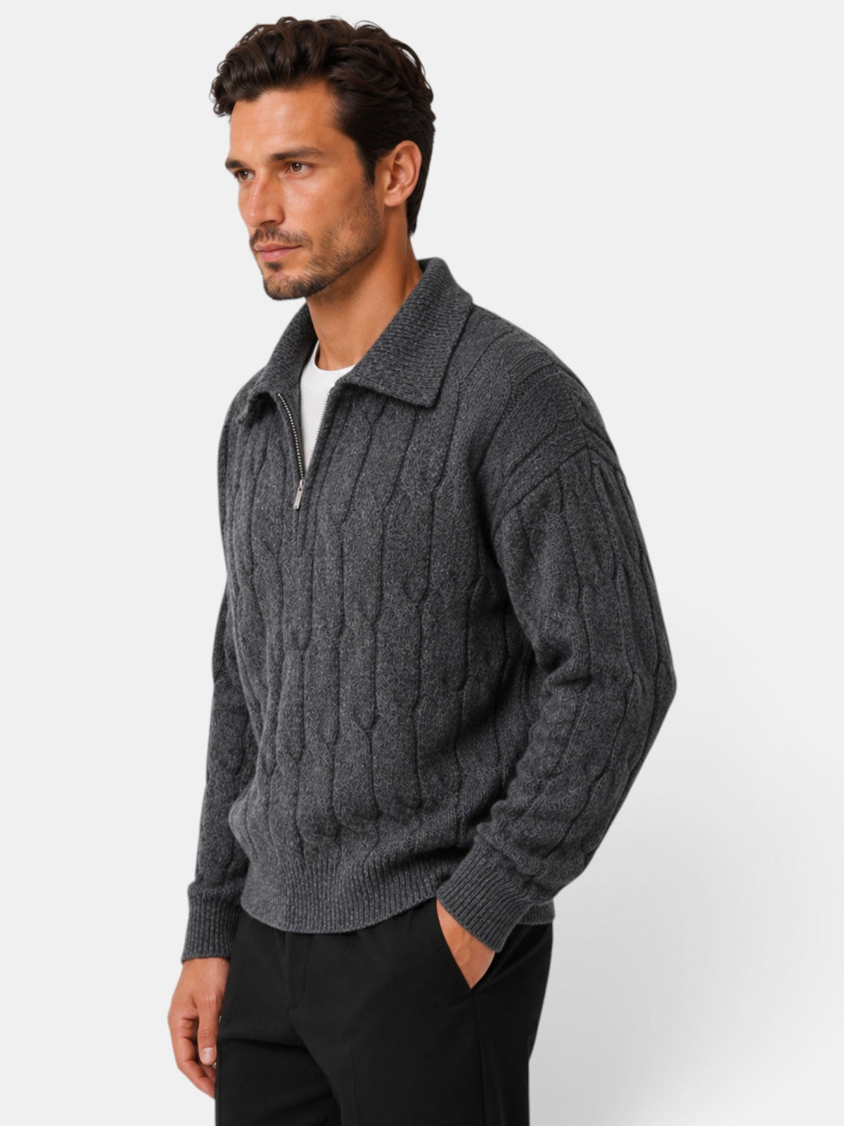 Men's cable knit quarter-zip sweater with spread collar and long sleeves