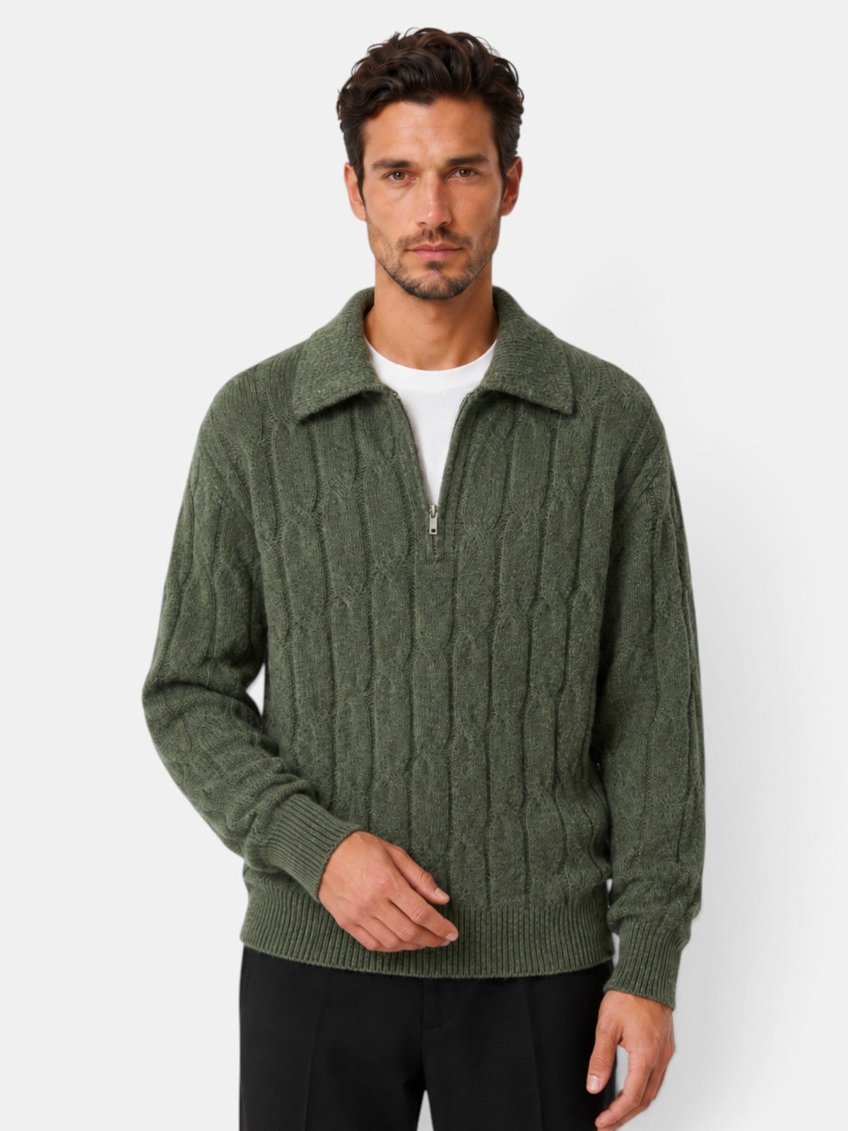 Men's cable knit quarter-zip sweater with spread collar and long sleeves