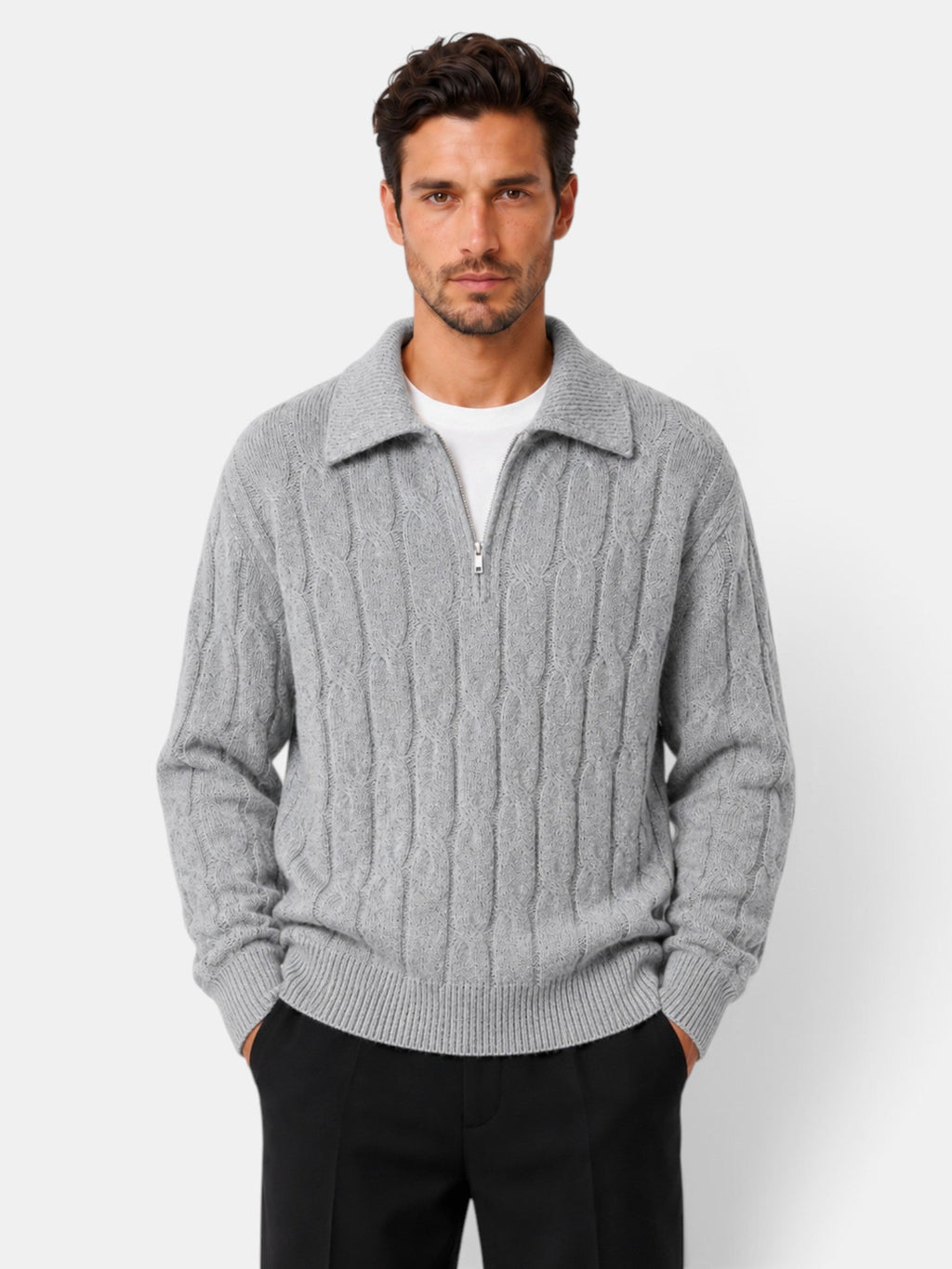 Men's cable knit quarter-zip sweater with spread collar and long sleeves