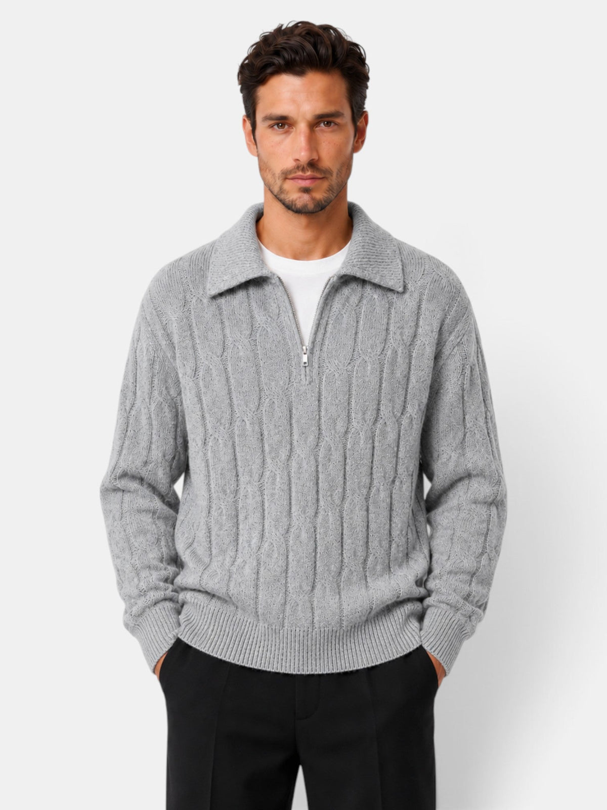 Men's cable knit quarter-zip sweater with spread collar and long sleeves