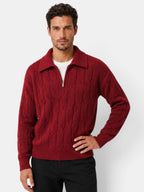 Men's cable knit quarter-zip sweater with spread collar and long sleeves