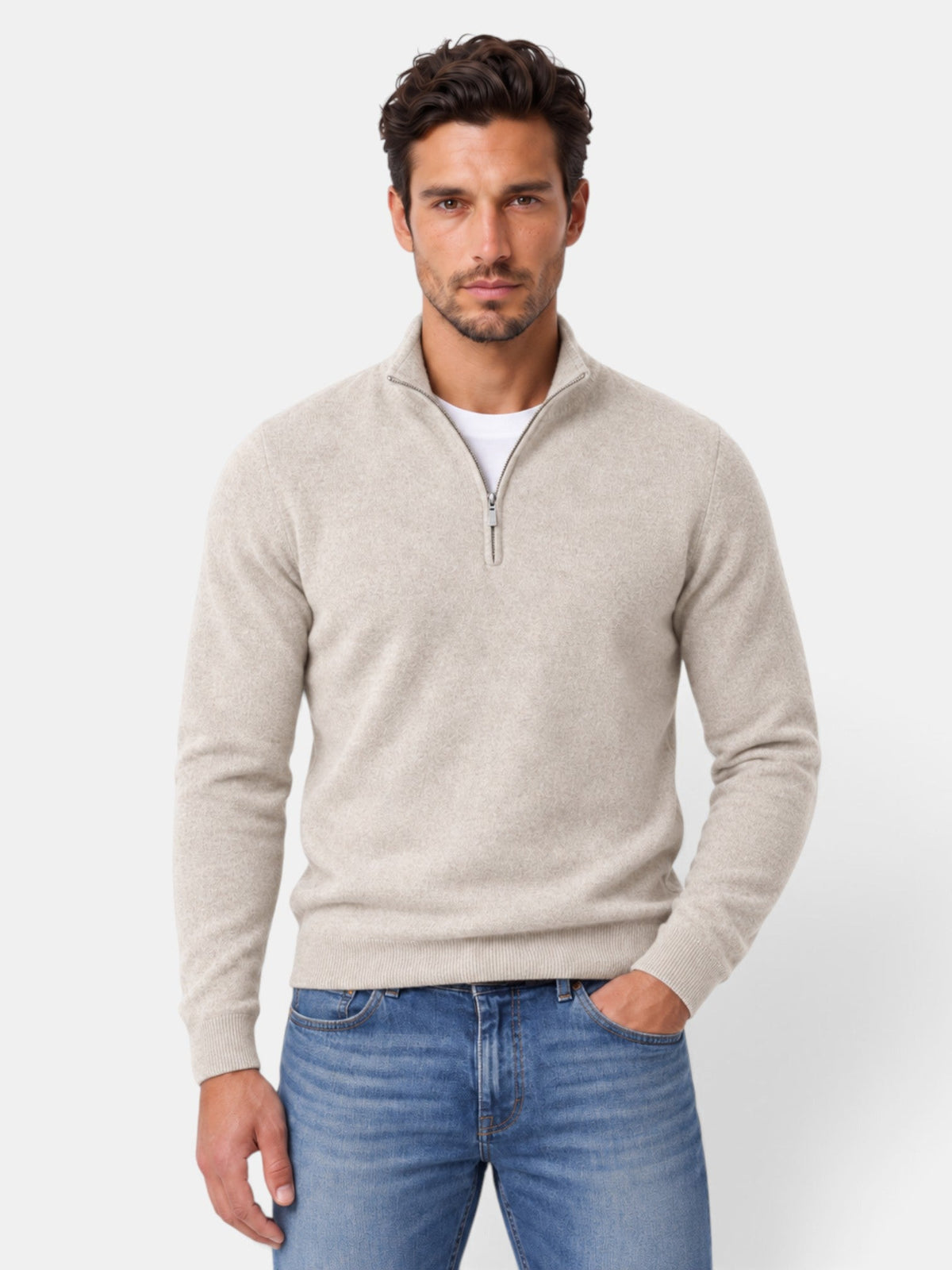 Men's quarter-zip jumper with mock neck and ribbed trims