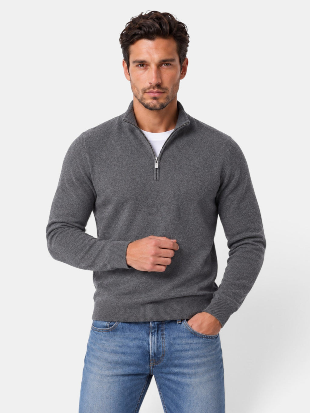 Men's quarter-zip jumper with mock neck and ribbed trims