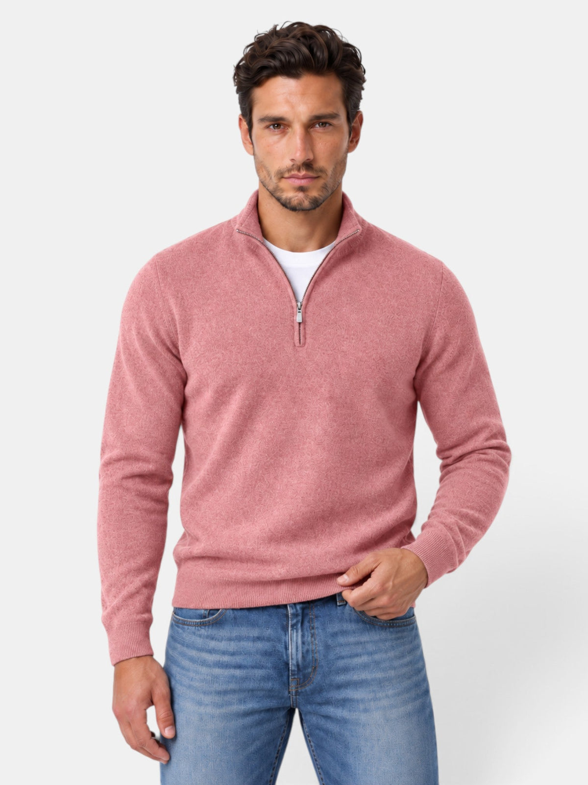 Men's quarter-zip jumper with mock neck and ribbed trims