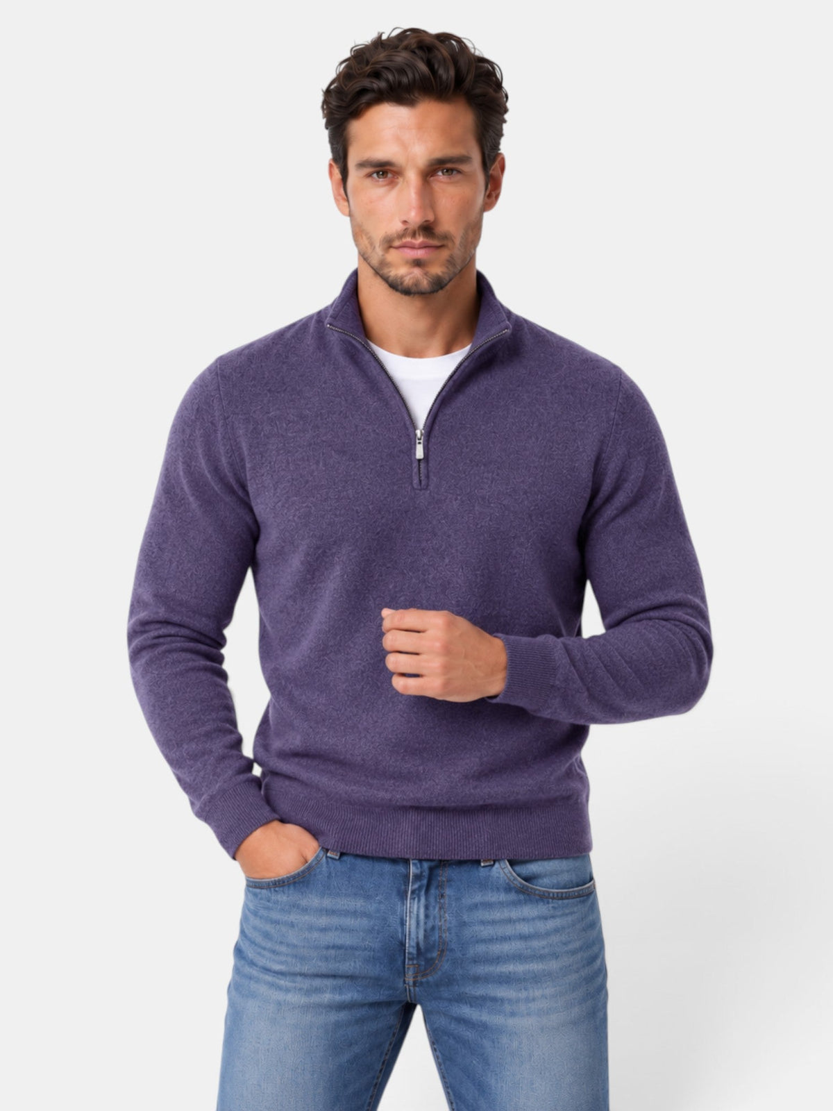 Men's quarter-zip jumper with mock neck and ribbed trims