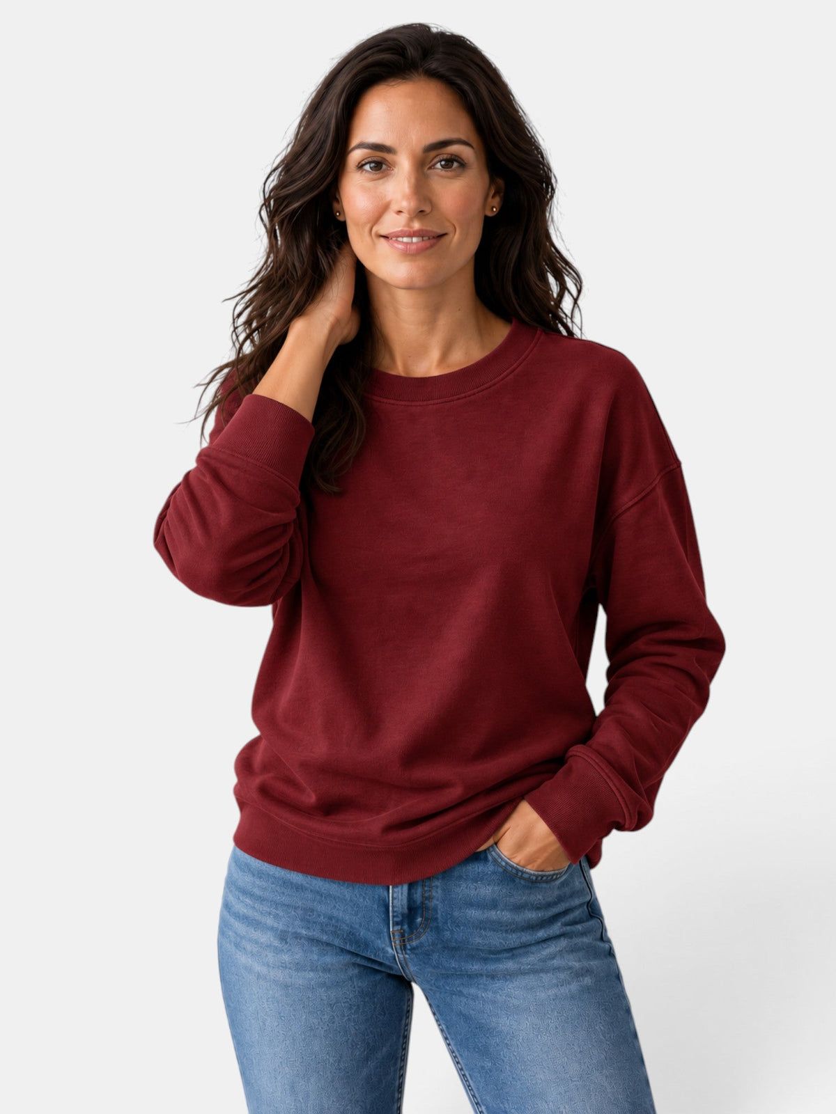 Women's long-sleeved crew neck sweatshirt with ribbed trims