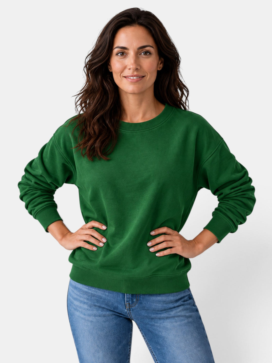 Women's long-sleeved crew neck sweatshirt with ribbed trims