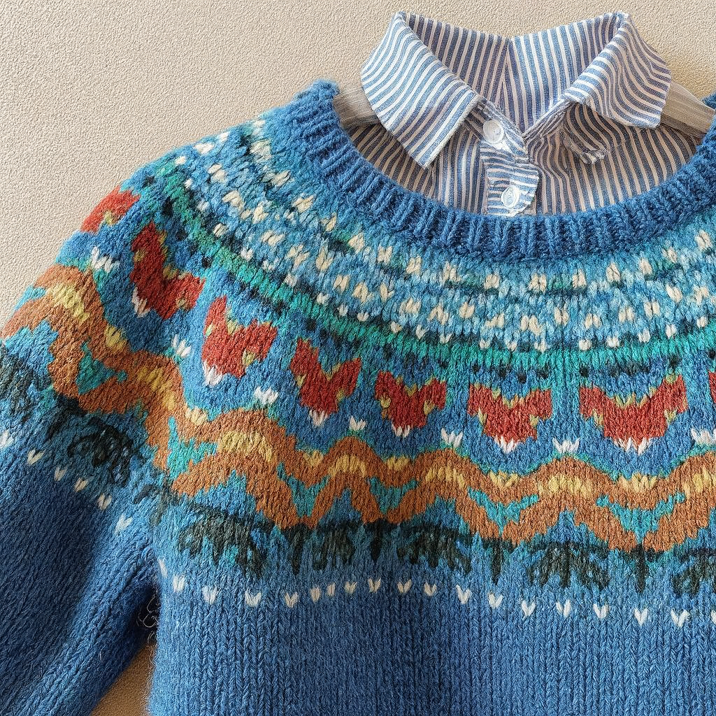 Blue geometric patterned knit sweater with crew neck and long sleeves