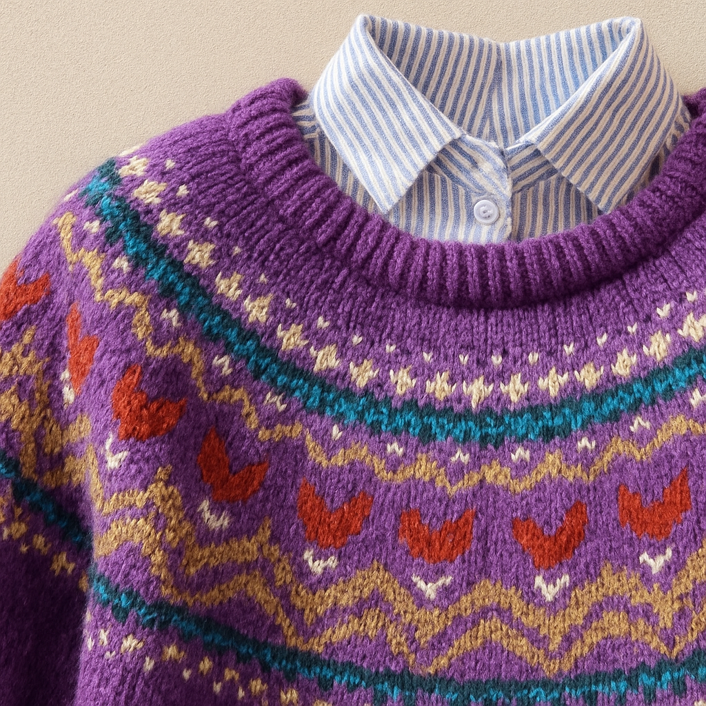 Purple women's Fair Isle crew neck sweater with long sleeves