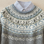 Women's grey Fair Isle knit sweater with crew neck and long sleeves