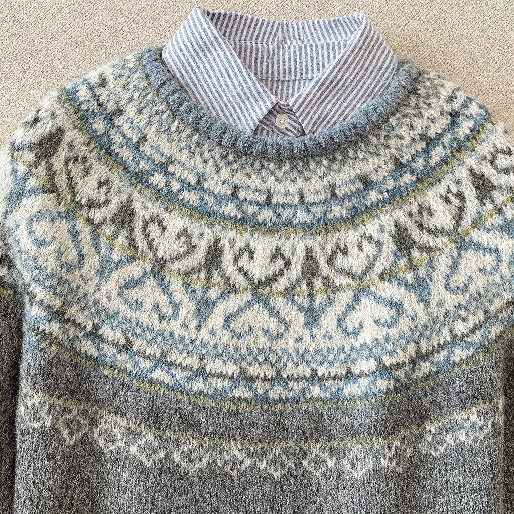 Women's grey Fair Isle knit sweater with crew neck and long sleeves