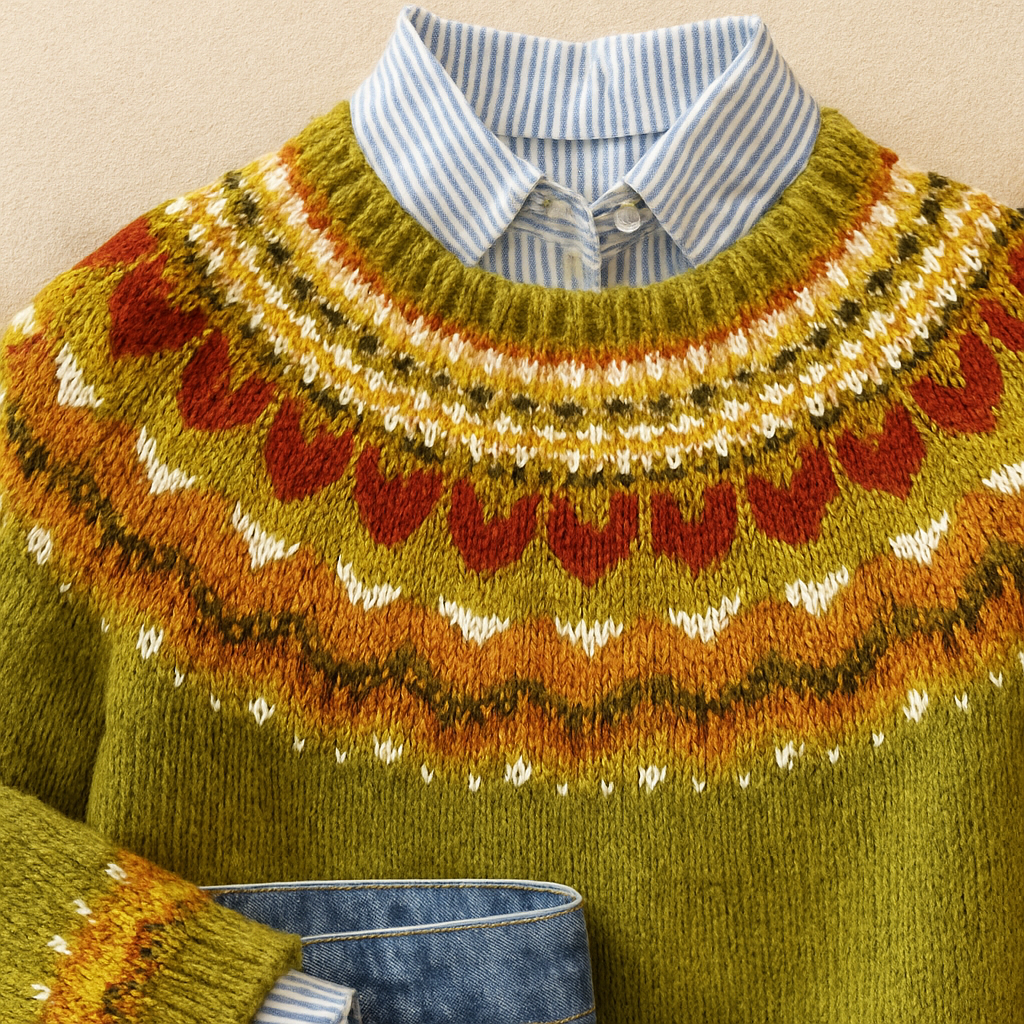 Women's green Fair Isle knit sweater with crew neck and long sleeves