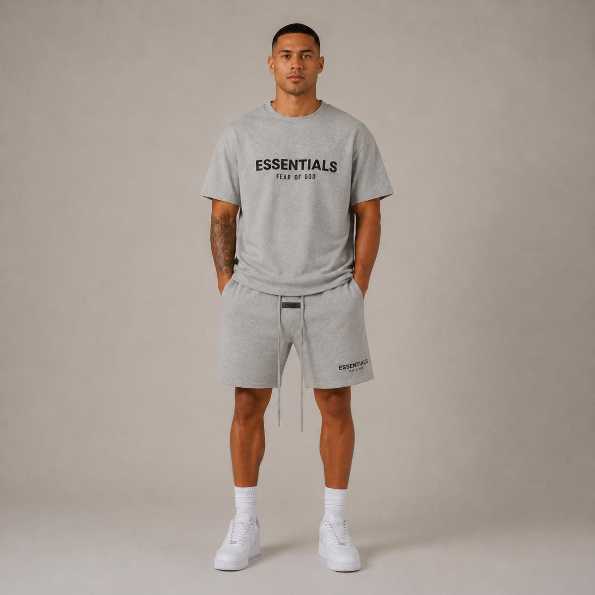 Men's crew-neck T-shirt and matching above-knee shorts set with printed wording