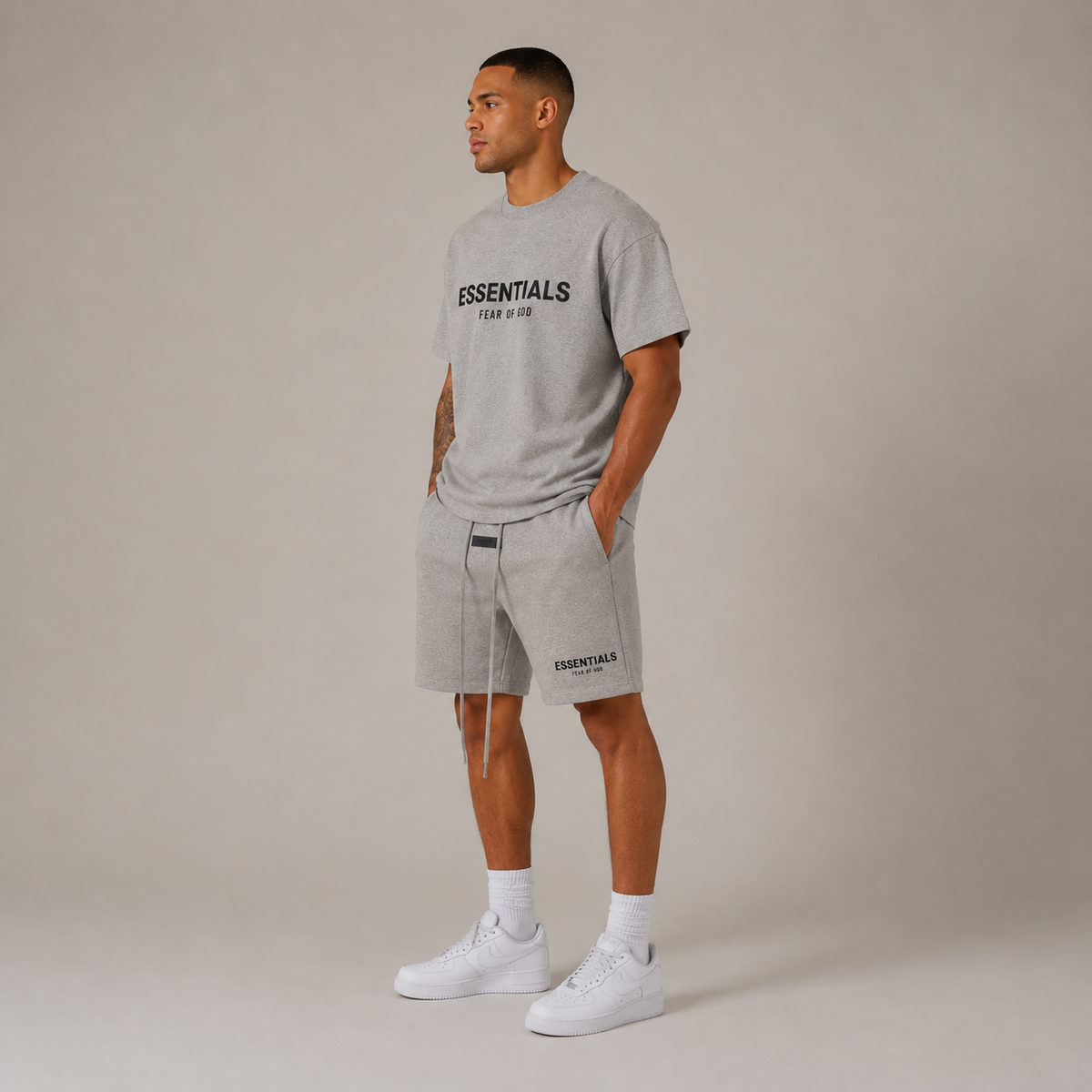 Men's crew-neck T-shirt and matching above-knee shorts set with printed wording