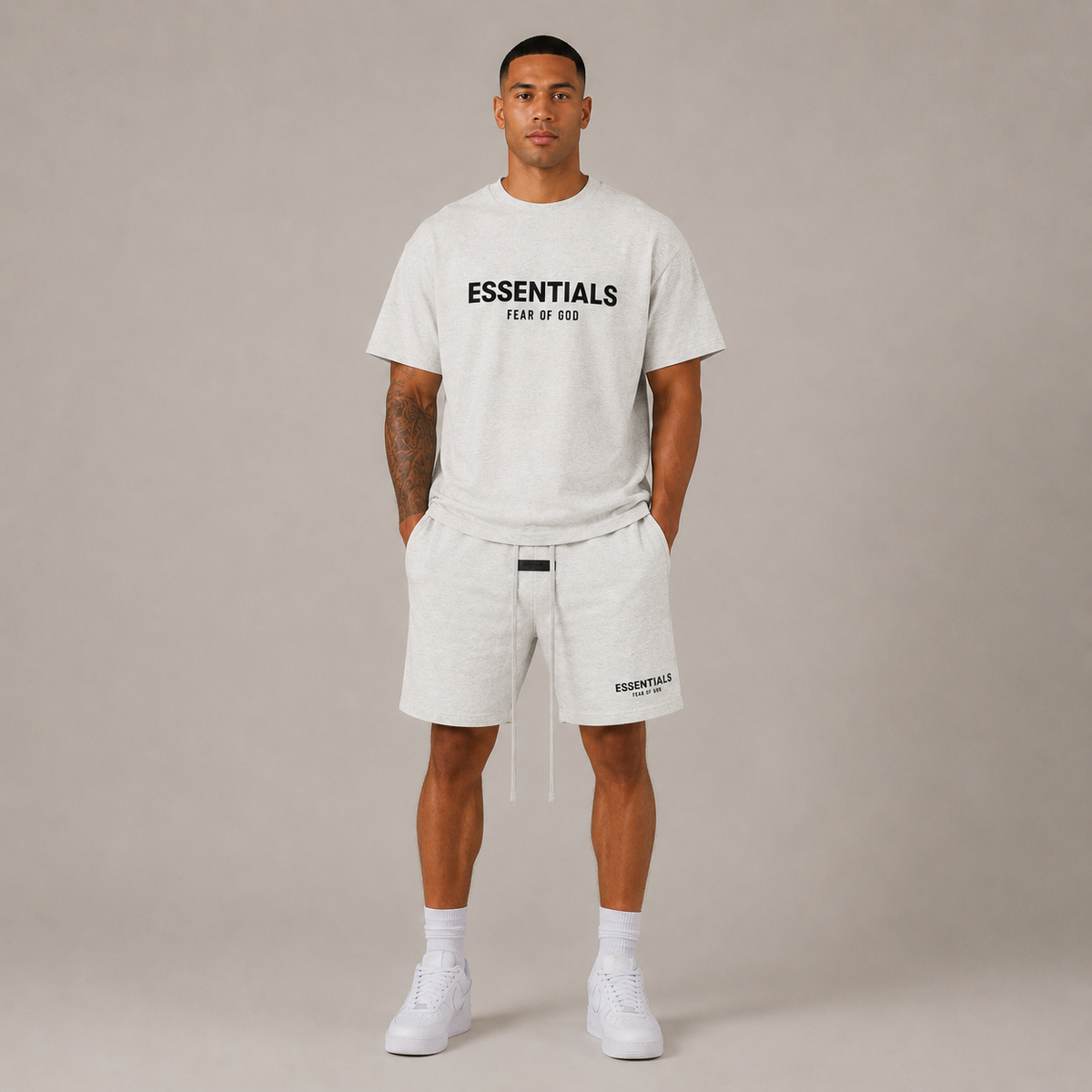 Men's crew-neck T-shirt and matching above-knee shorts set with printed wording