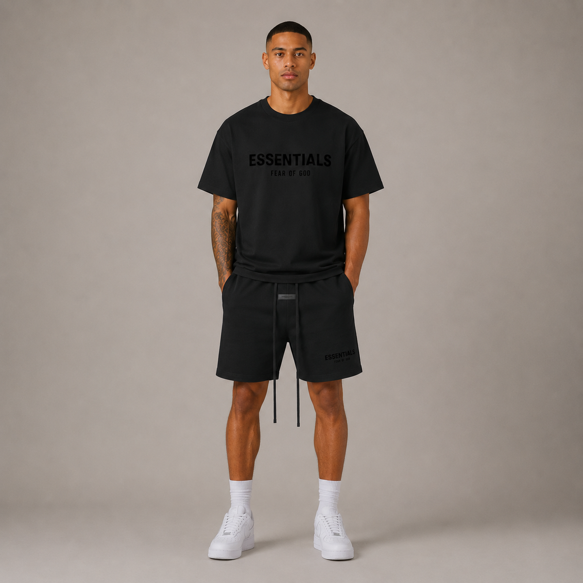 Men's crew-neck T-shirt and matching above-knee shorts set with printed wording