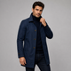 Men's navy tailored longline coat with a button front and quilted lining