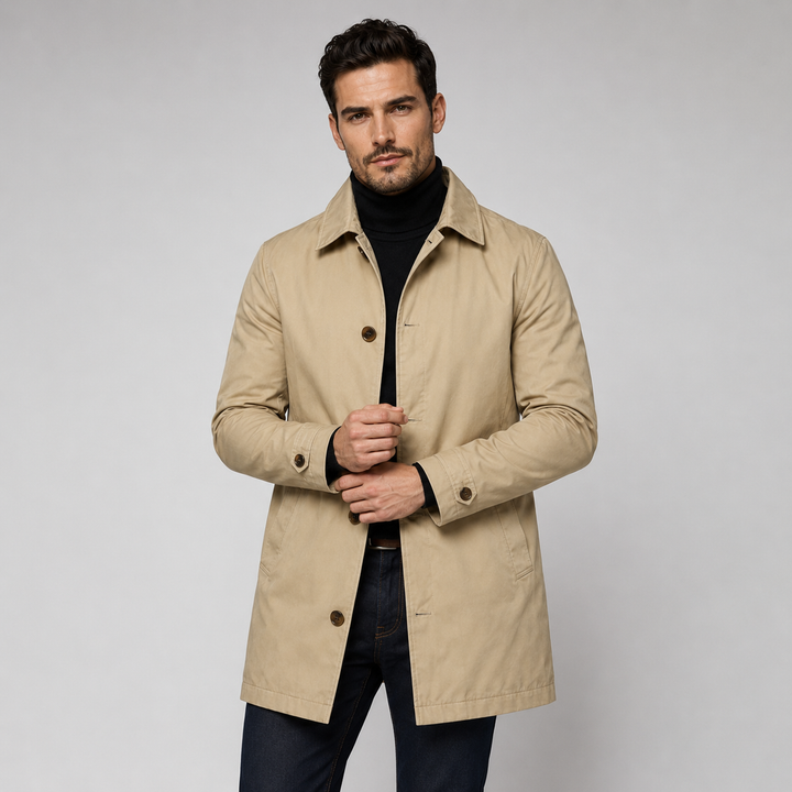 Men's beige tailored longline coat with a button front and quilted lining