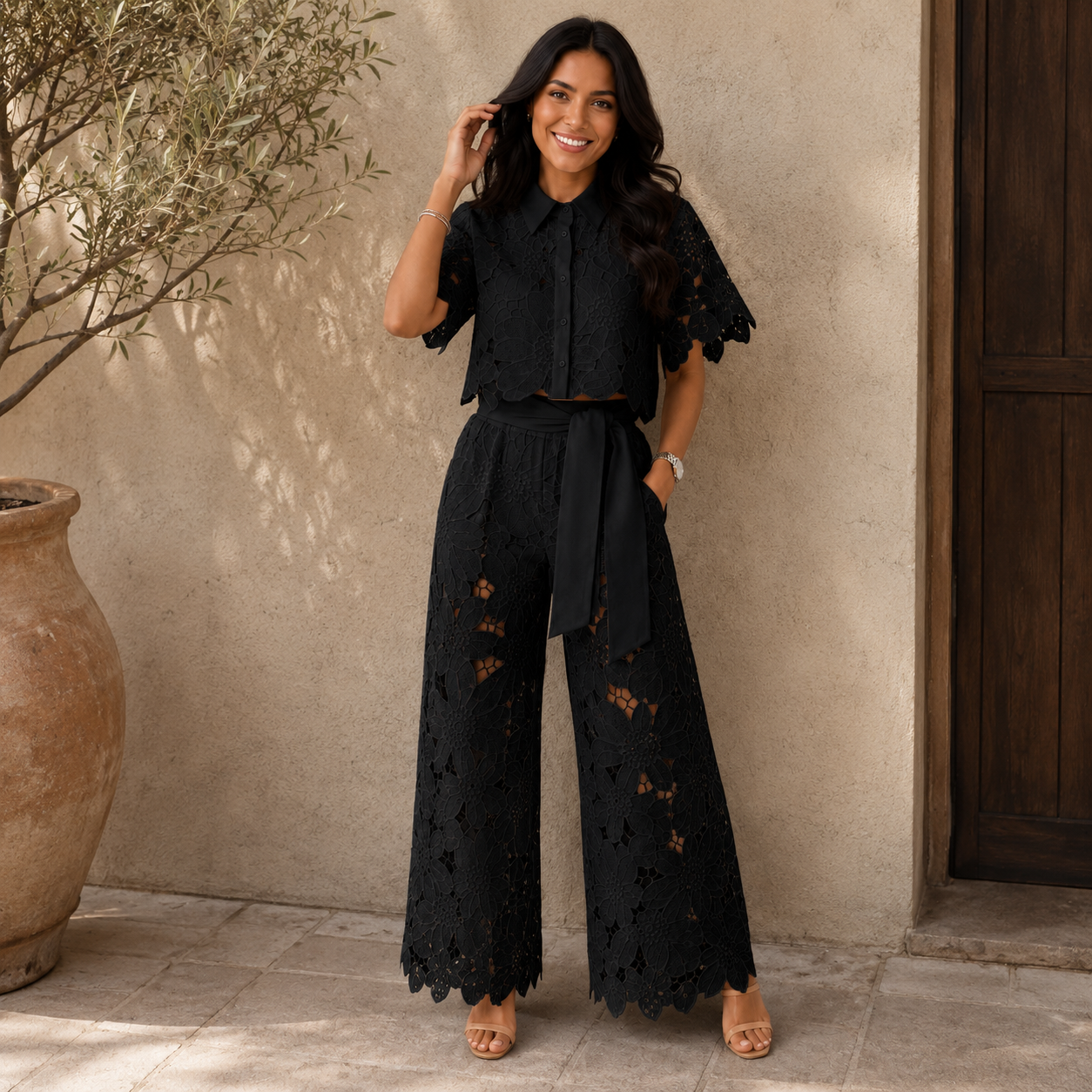 Women's floral lace co-ord set with collared top and wide-leg trousers