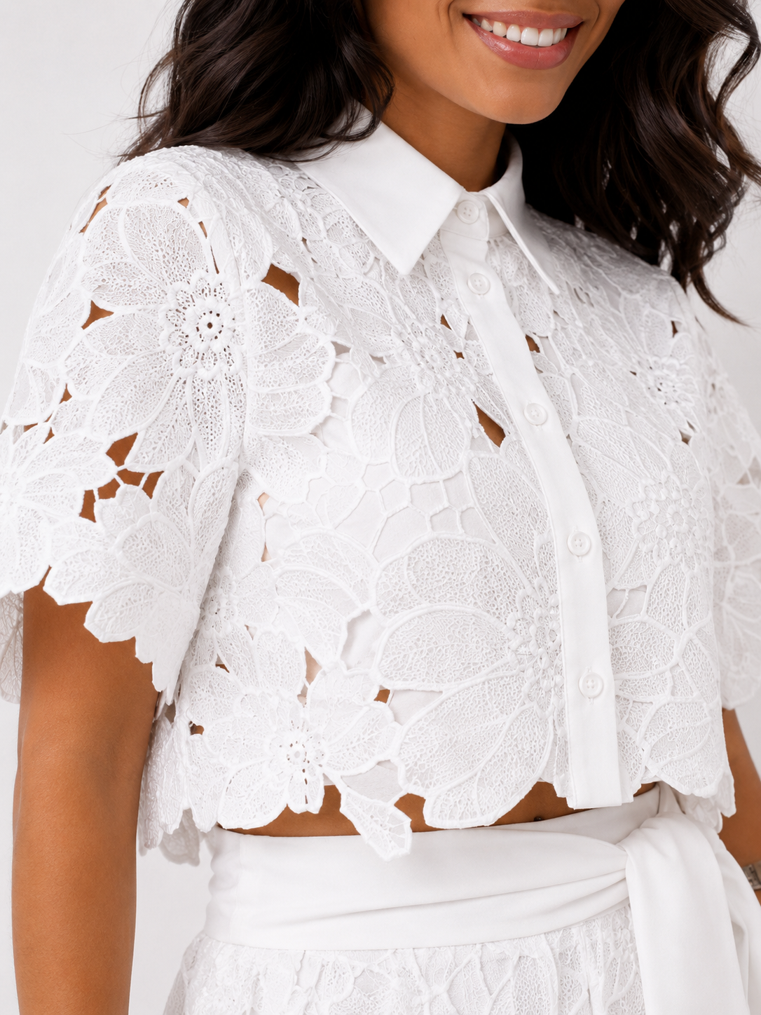 Women's floral lace co-ord set with collared top and wide-leg trousers