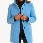 Women's mid-length button front coat with stand collar and patch pockets
