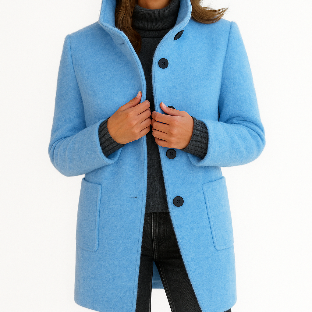 Women's mid-length button front coat with stand collar and patch pockets