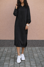Women's long hooded sweatshirt midi dress with kangaroo pocket and side drawcord hems