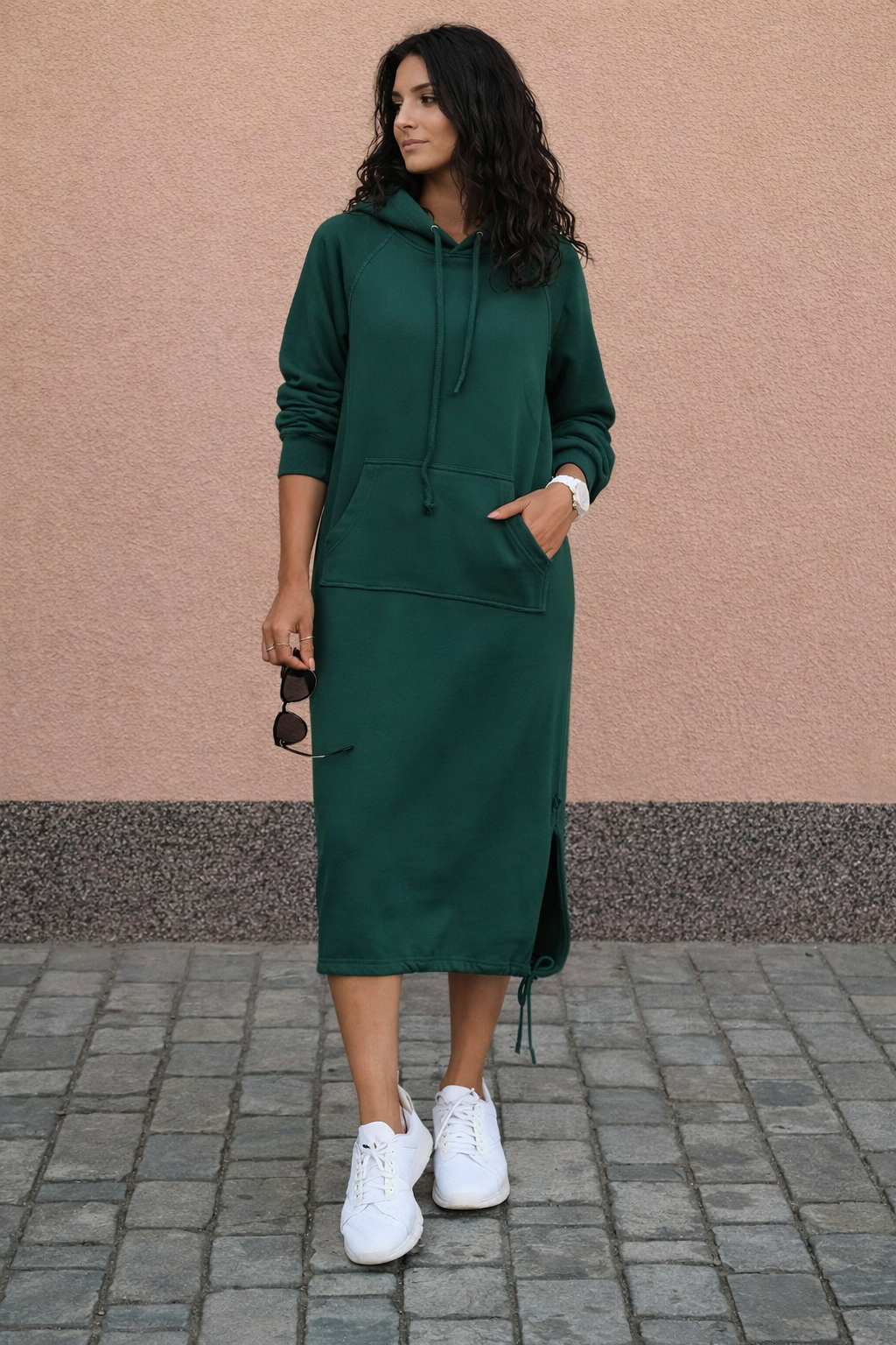 Women's long hooded sweatshirt midi dress with kangaroo pocket and side drawcord hems