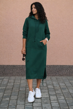Women's long hooded sweatshirt midi dress with kangaroo pocket and side drawcord hems