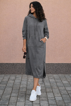 Women's long hooded sweatshirt midi dress with kangaroo pocket and side drawcord hems