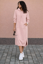 Women's long hooded sweatshirt midi dress with kangaroo pocket and side drawcord hems