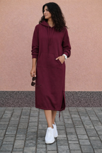 Women's long hooded sweatshirt midi dress with kangaroo pocket and side drawcord hems