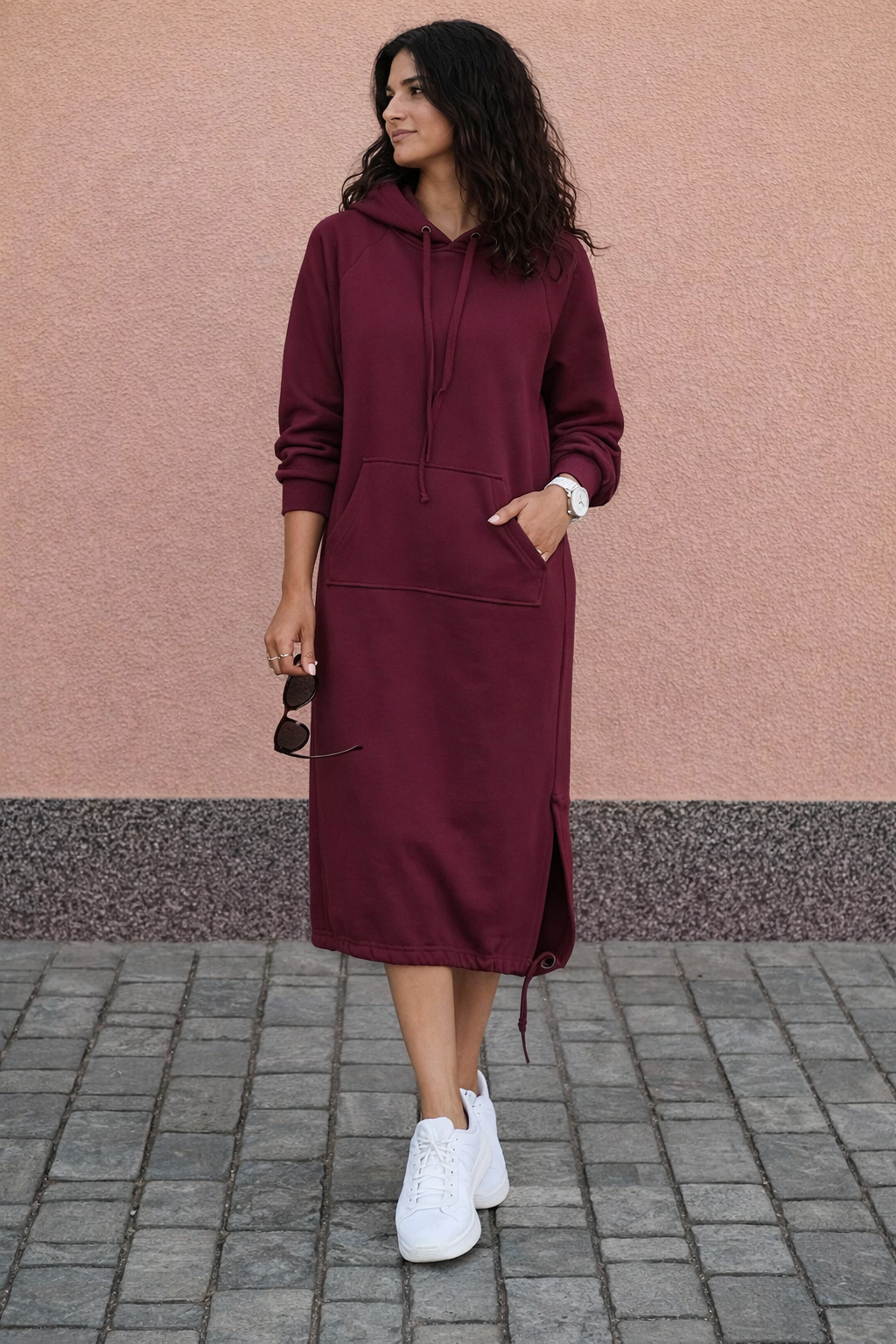 Women's long hooded sweatshirt midi dress with kangaroo pocket and side drawcord hems