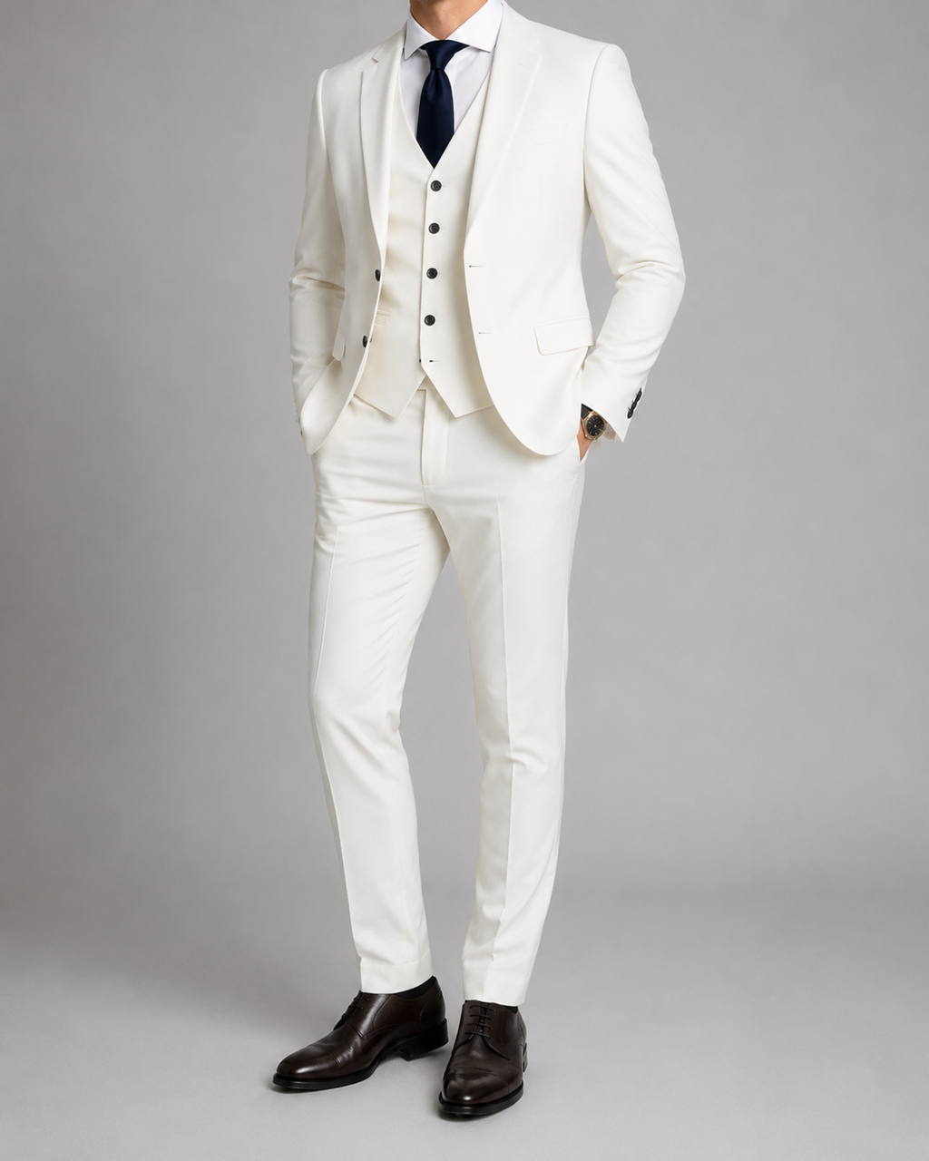 Men's three-piece suit with fitted jacket, waistcoat and tailored trousers