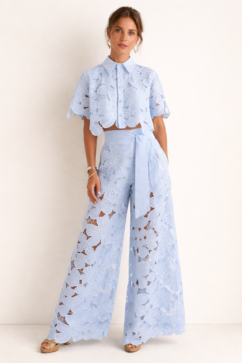 Women's floral lace co ord set with cropped collared blouse and wide leg trousers