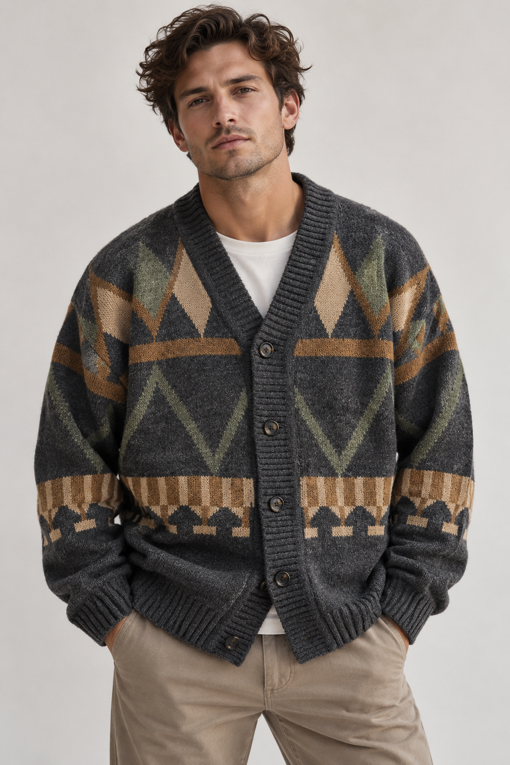 Men's grey geometric patterned cardigan with V-neck and button front