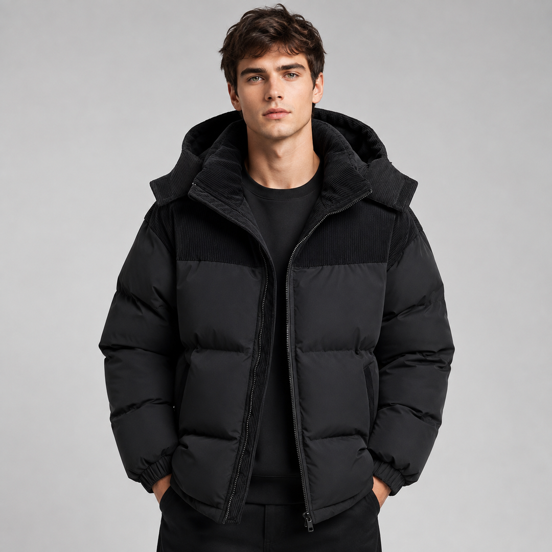 Men's black oversized hooded puffer jacket with thick padded panels