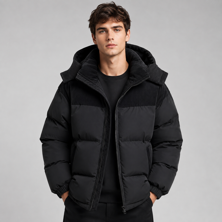 Men's black oversized hooded puffer jacket with thick padded panels