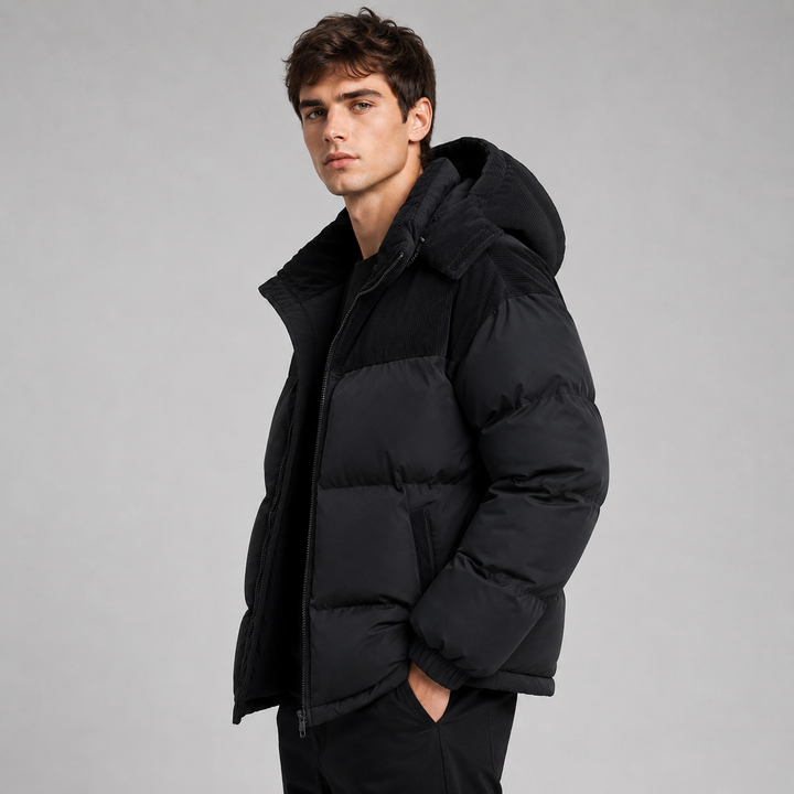 Men's oversized hooded puffer jacket with thick padded panels