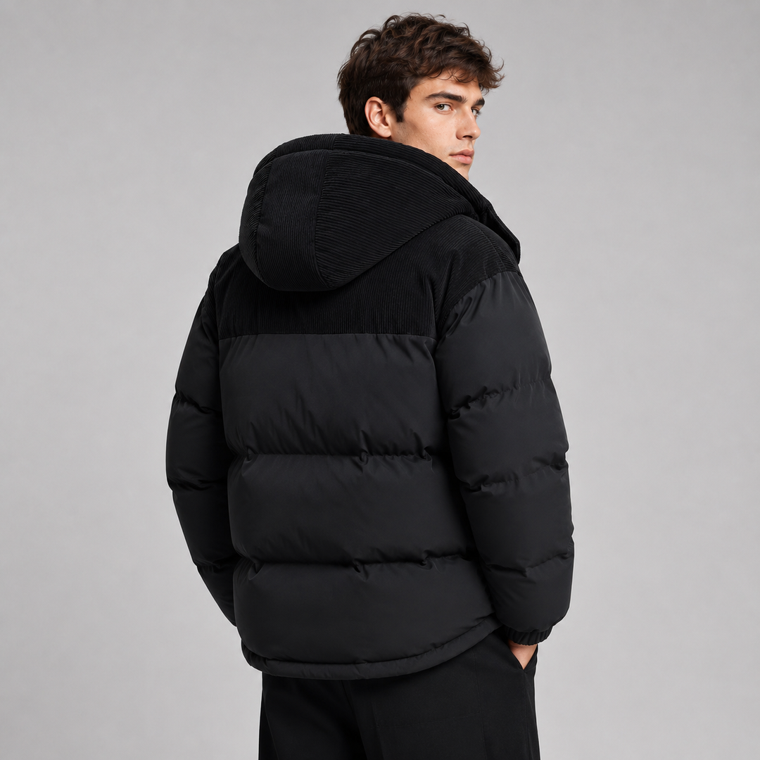 Men's oversized hooded puffer jacket with thick padded panels