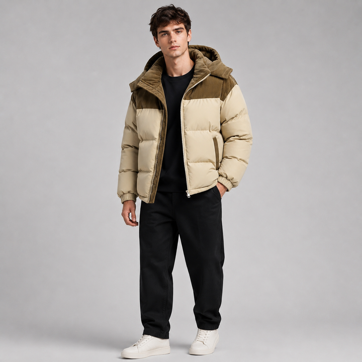Men's oversized hooded puffer jacket with thick padded panels