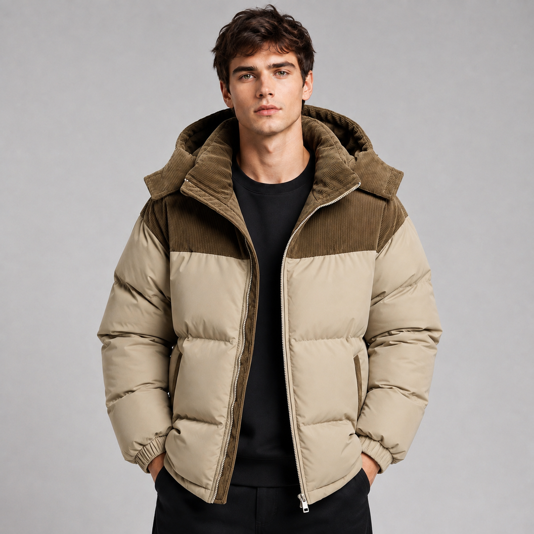 Men's khaki oversized hooded puffer jacket with thick padded panels