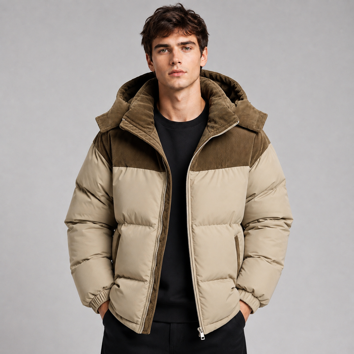 Men's khaki oversized hooded puffer jacket with thick padded panels