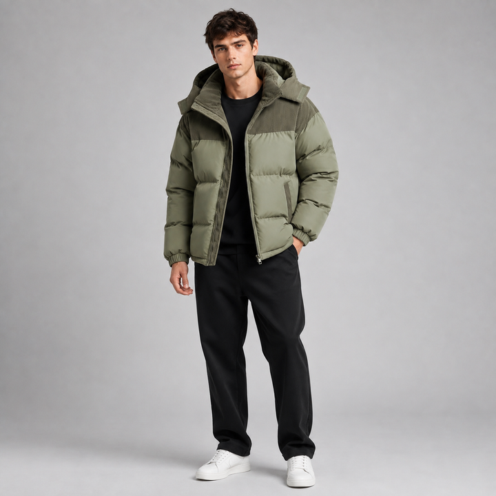 Men's oversized hooded puffer jacket with thick padded panels
