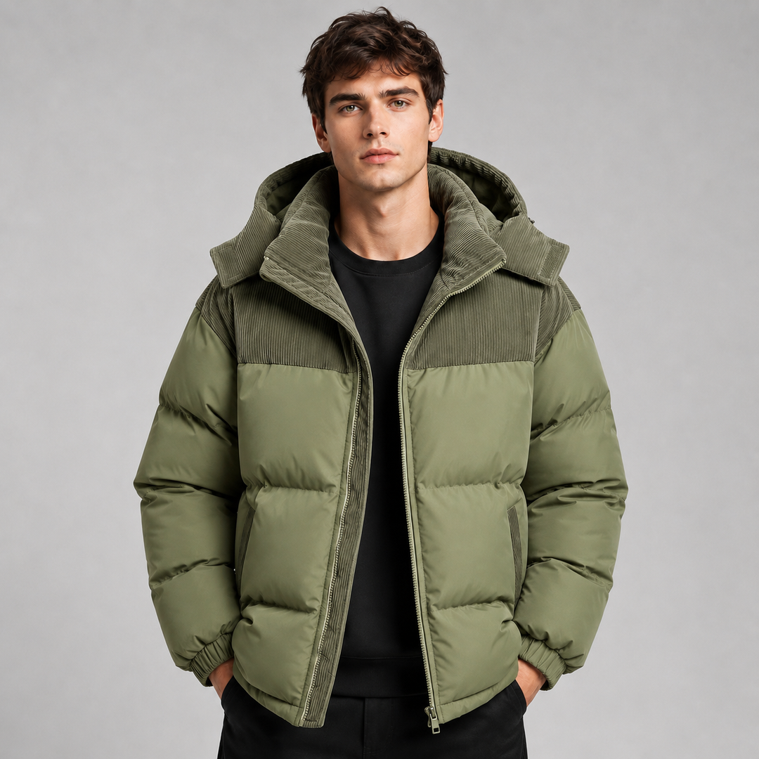 Men's dark green oversized hooded puffer jacket with thick padded panels