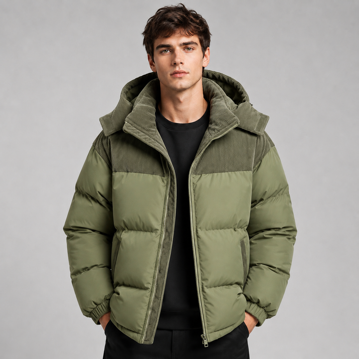 Men's dark green oversized hooded puffer jacket with thick padded panels