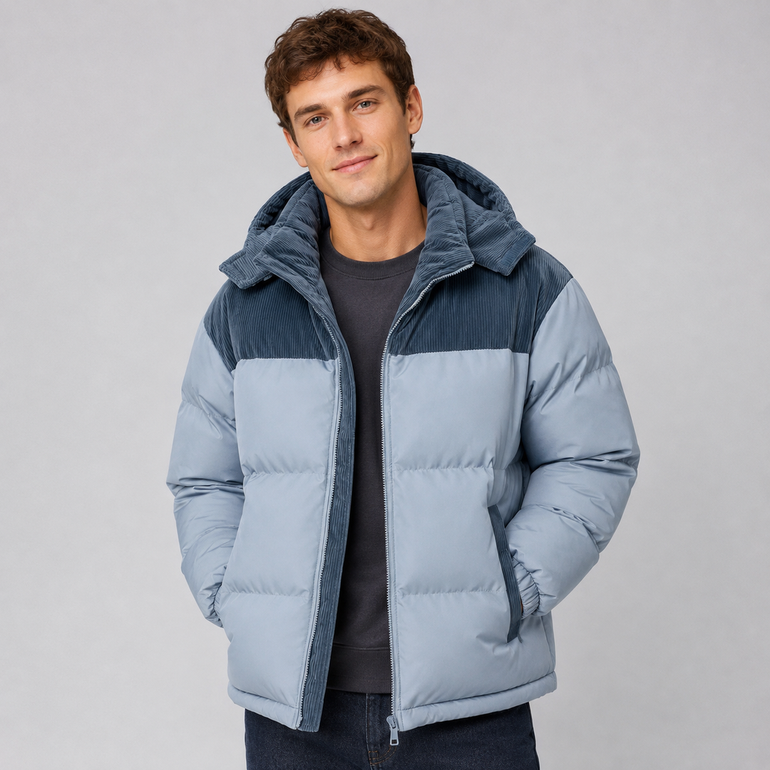 Men's sky blue oversized hooded puffer jacket with thick padded panels