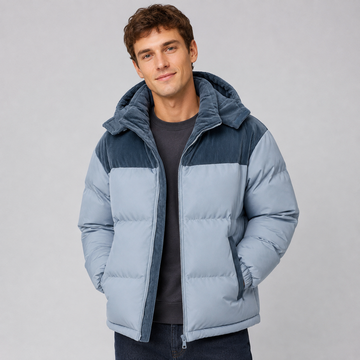 Men's sky blue oversized hooded puffer jacket with thick padded panels
